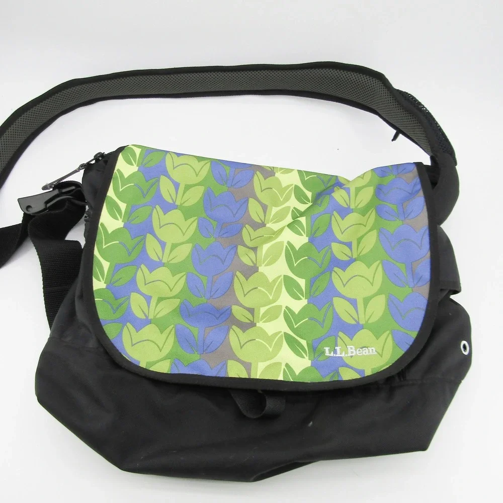 L.L.Bean Messenger Bag Floral Tulip Print Black Adjustable Strap Shoulder Bag